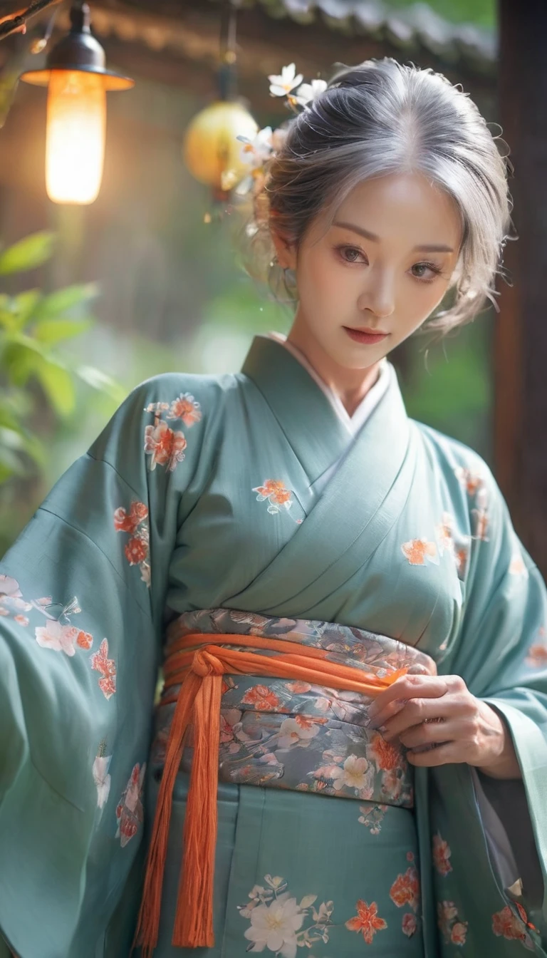 Women around 70 years old, Natural gray hair、Prayer,Wrinkled,ElementFire Orange Women around 70 years old, Natural gray hair, characteristic green eyes,Wear kimono, Slender and elegant, beautiful, Candlelight in an ancient atmosphere,Close-up, Dew-covered leaves and sparkling dew reflect the night sky, A river of stars flowing through the darkness, Creates a calm and peaceful atmosphere, Fair skin, Women around 70 years old, Natural gray hair, characteristic green eyes,Wear kimono, Slender and elegant, beautiful, Candlelight in an ancient atmosphere, Super sharp focus, Realistic shots,Wide angle,Ultra-high resolution detail, Hyper HD, Super Detail, Attention to detail, Highest quality, High resolution, Awards, 8k)