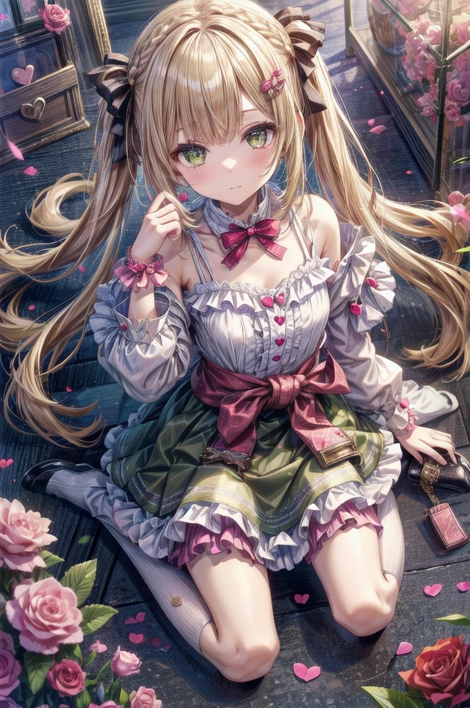 She has olive green eyes and long blonde hair that is braided over her shoulders., Tied with a little ribbon and a heart, Pale pink scrunchie, Red Clip. Her hair color is lighter、It stretched very long, Worn in pigtails tied with a deep pink ribbon with a red heart. she金のハートのイヤリングを手に入れた. she、With white ruffle trim、She is wearing a pale pink ruffled dress with a pink lined band down the center。. A white ribbon with a ruby heart on the chest, A yellow ribbon is tied around her waist、Fastened with a small heart、A wallet is hanging from it. Her shoes are pale pink.、The soles are pink、It comes with white ruffled leg warmers that match the sleeves.。, Adorned with a pink ribbon and a ruby heart.,background:room,From above:1.1,