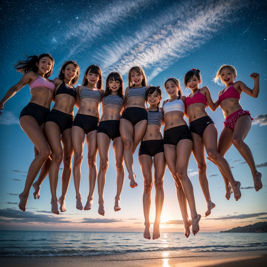 Masterpiece of ProfessionalPhoto ((ExtremelyDetailed (12 PICHIPICHI KAWAII Girls Floating in The Air in a row:1.37) in WHITE at Dusk Enoshima Beach)), {(Standing Full Body:1.2)|(from below:1.2)|Detailed KAWAII face}, Different types of hair colors, {(skinny(school swimwear))|(SchoolUniform)with Skinny AthleticShorts}, {(Corrected Childish hand)|Hidden hand|Different types of breasts|(Clearly Visible the shape of Butt)}, Joyful Expressions LifeLike Rendering, PerfectLighting, (Dazzling Horizon Visible through ThighGap), (Starry IridescentParticles:1.22) ColorfulClouds