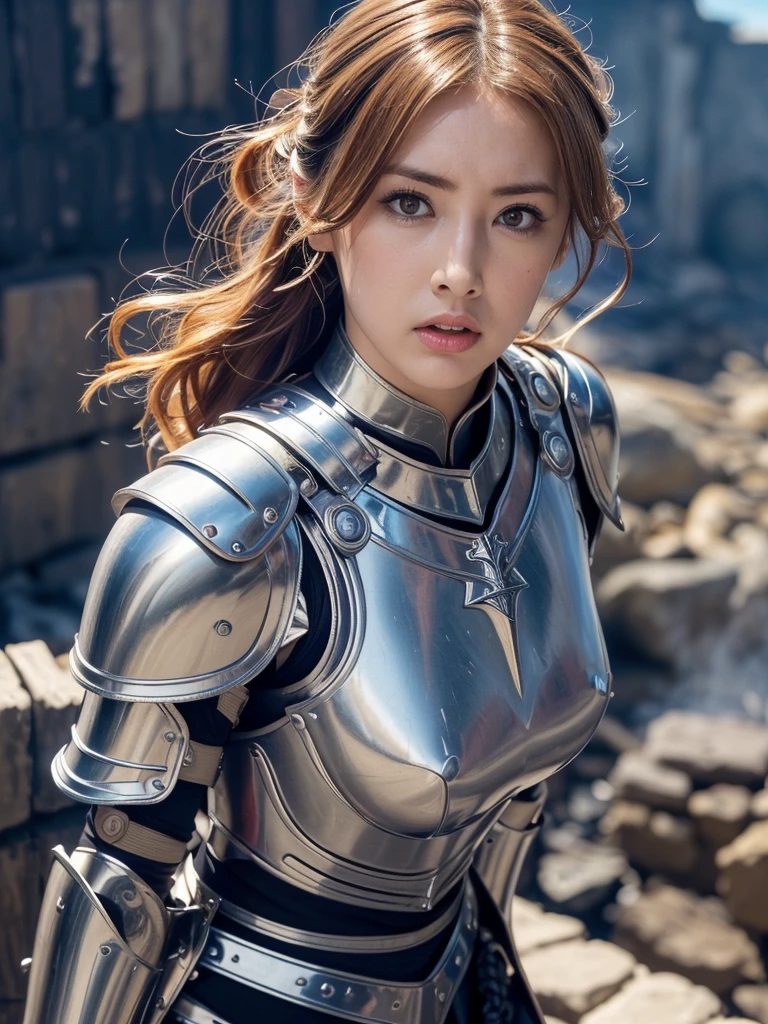 (超High resolution, masterpiece, Anatomically correct, Textured skin, Super Detail, Highest quality, High resolution, 8k, bloom, Front light:1.2, Perfect dynamic composition), ((24-years-old, Cute and y Joan of Arc)), (Sexace, Long face, Distant eyes, Gentle eyelids, Thin eyebrows, Gentle corner of the eye, Hawk-like nose), (Gal Makeup:1.0), (eyeliner), (Totally captivates you), (Eyes that feel erotictaste of beautiful eroticism), te beauty), (Blonde hair on the right), (Long Hair, Curly Hair, French Braid:1.4, bangs, Smooth Hair), ((Joan of Arc Costume:1.25)), ((High cut boots:1.0)), ((Exposed armor:1.4)), ((sword:1.2)), ((close)), (Shooting from above:1.0)), ((Looking into the camera:1.4)), ((Keiko Kitagawa:1.0)), ((Ample breasts)), ((Cleava), ((Mont Sail:1.4)), ((すすり泣くtears:1.5)), ((battlefield:1.6)), ((Combat Stance:1.3)), ((The town is burning:1.5)), ((Inflammation:1.5)), ((spark:1.5)), ((Fire smoke:1.5)), ((Soot-stained face:1.5)), ((tears:1.5))
