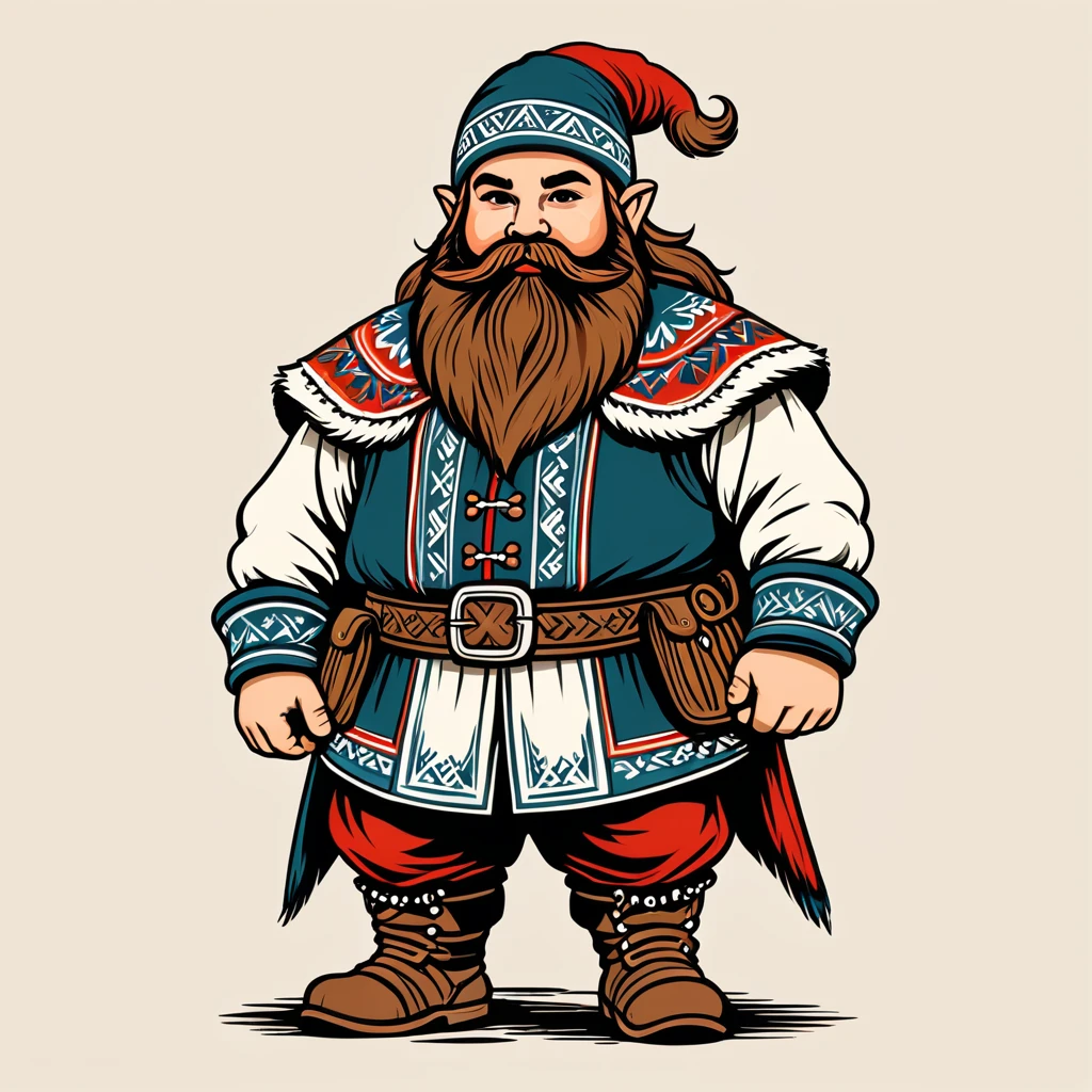 hungarian dwarf in nordic folk outfit, vector graphics, strong contours