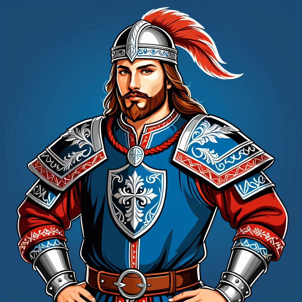 hungarian paladin in nordic folk outfit, vector graphics, strong contours
