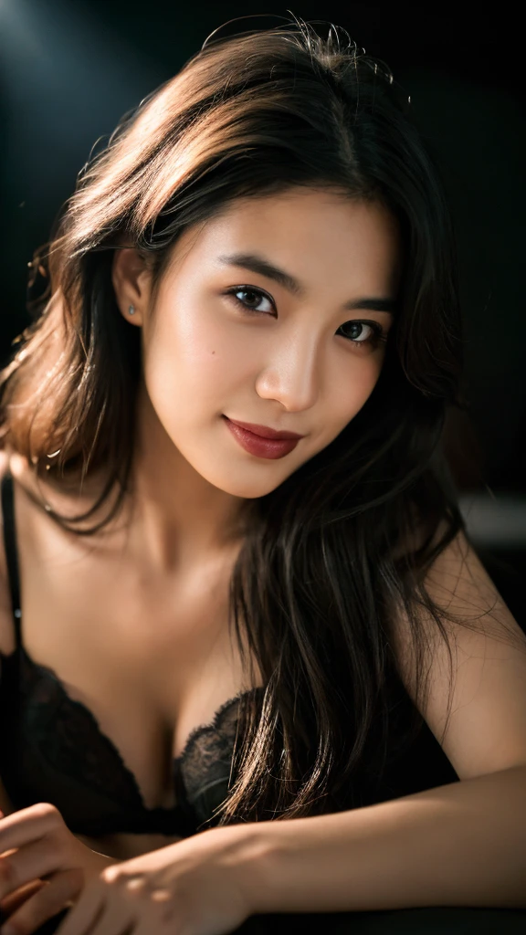 highest quality, epic realistic, ((in the pitch black darkness :1.4)), ((portrait:1.5)),(background: dark ) high contrast ,glorious picture, lowest lux, lighting face, she's comfortable, wearing lingerie, looks incredible, (8k, Raw photo, Highest quality),(epic realistic:1.5), a woman, face,(detailed eyes:0.8),(looking at the camera:1.4), (Highest quality), ( high contrast, deep shadows),Intricate details,cinematic,((skin:1.4)), (long dark hair:1.3), long hair, messy ,(Hdr:1.5),Detailed, colors, Superior quality, Masterpiece, Raw Photo (20-year-old, looking at viewer), beautiful, (wearing underwear,), perfect, natural, perfect composition, portrait, perfect face, smiling expression, Captivating eyes, Bright details, Tight lips, (High Skin Detail),, (blue tint: 0.6), (sale: 0.8), (bloody: 0.7), Key lighting , (backlight: 0.5), Medium depth of field, Canon 5d, 50mm lens, f/4 apertures, (Ultra-detailed, Complex detail), sharp focus, soft colors, 8k, Absurd, 80mm, dark background, photography, smiling, pinay, filipina, medium ,