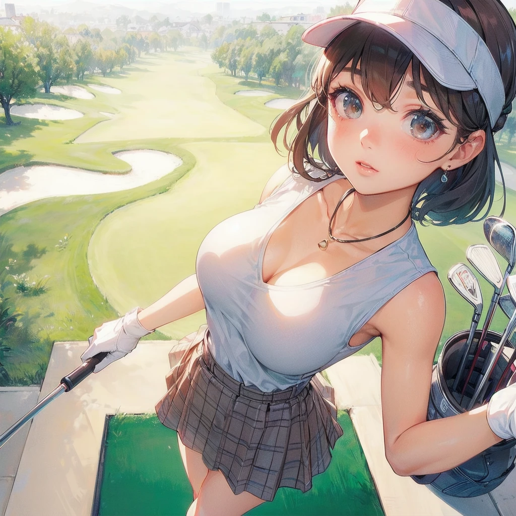 masterpiece, (textured skin), best quality, gorgeous beautiful girl, (a female golf athlete), detailed clothes,large breasts,narrow waist,, (beautiful face), cinematic lighting, (at golf venue ),