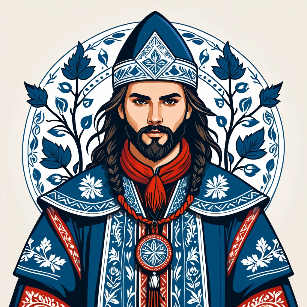 hungarian mage in nordic folk outfit, vector graphics, strong contours
