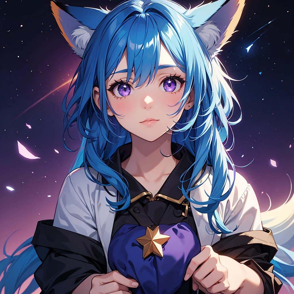 A girl with blue hair and brown eyes with a star as a pupil,  with a fox that is purple 