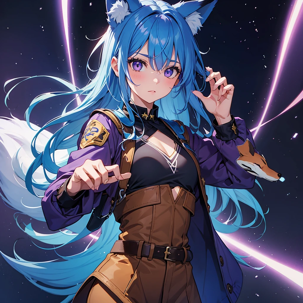 A girl with blue hair and brown eyes with a star as a pupil, with a fox that is purple