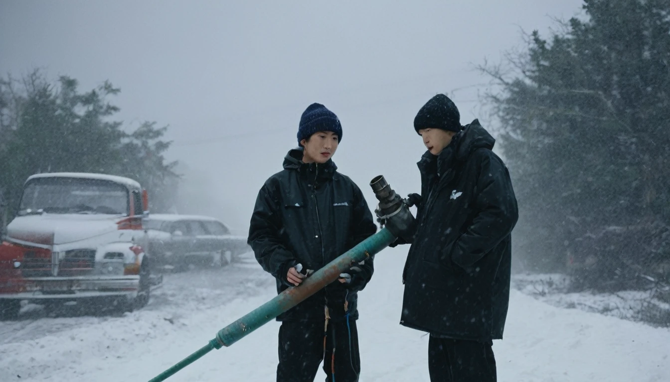 Two 20-year-old men working on a pipeline,Wearing black cotton jacket,(With cap:1.5),Asian,Huge pipe,Use a large wrench,A huge valve that opens half the screen,A huge valve that takes up half of the screen,Painful expression,With cap,Night,Night view,cold,Snow Covered,snowstorm,Gloomy sky