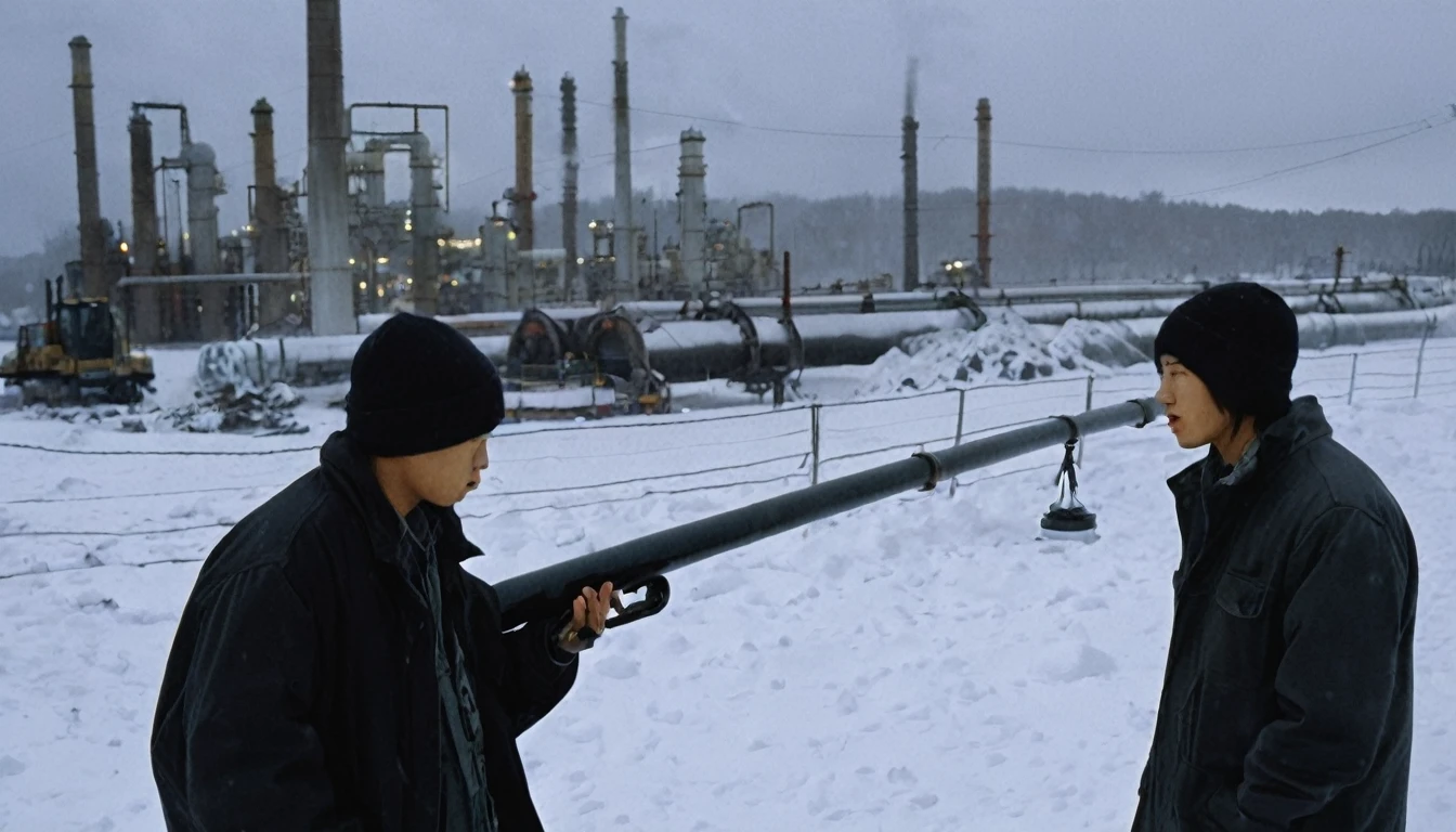 Two 20-year-old men working on a pipeline,Wearing black cotton jacket,(With cap:1.5),Asian,Huge pipe,Use a large wrench,A huge valve that opens half the screen,A huge valve that takes up half of the screen,Painful expression,With cap,Night,Night view,cold,Snow Covered,snowstorm,Gloomy sky