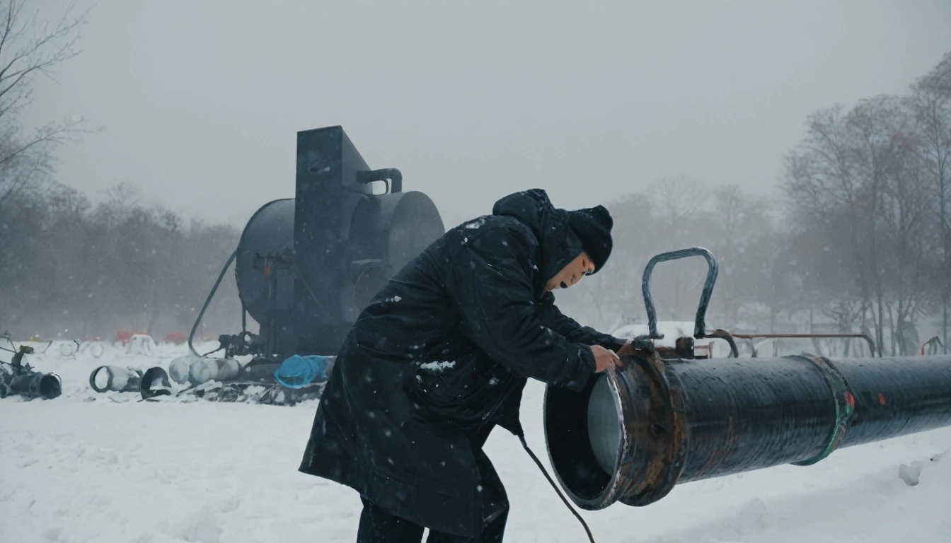 Two 20-year-old men working on a pipeline,Wearing black cotton jacket,(With cap:1.5),Asian,Huge pipe,Use a large wrench,A huge valve that opens half the screen,A huge valve that takes up half of the screen,Painful expression,With cap,Night,Night view,cold,Snow Covered,snowstorm,Gloomy sky