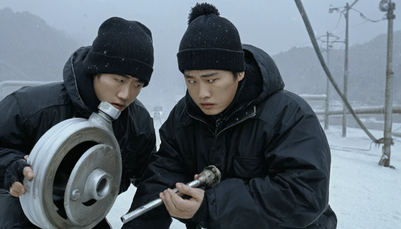 Two 20-year-old men working on a pipeline，Wearing black cotton jacket，（With cap:1.5)，Asian，Huge pipe，Use a large wrench，A huge valve that opens half the screen，A huge valve that takes up half of the screen，Painful expression，With cap，Night，Night view，cold，Snow Covered，snowstorm，Gloomy sky