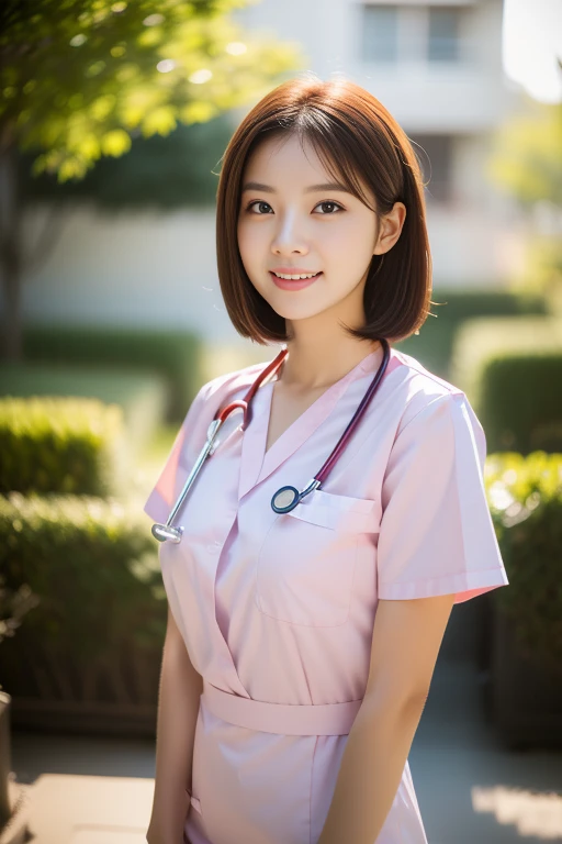 (Ulzzang-6500-v1.1, masterpiece, highest quality:1.3, ultra-detailed 8k:1.2, hyperrealistic:1.35, raw photo:1.2, highest quality, high resolution, wallpaper, realistic, dramatic, realistic painting art by midjourney:1.3, 1 nurse, 28yo, pink nurse uniform, short white tight skirt:1.3, resting in hospital lounge, super beautiful, beautiful skin, detailed face, symmatrical face, double eyelid, beautiful and detailed eyes, friendly kind smile, beautiful glossy lips, snaggle-tooth, very short bob hair, chest strengthening, ample bosom, emphasize body line, perfect style, cowboy_shot, bokeh background, yellow LED lighting, natural soft light)