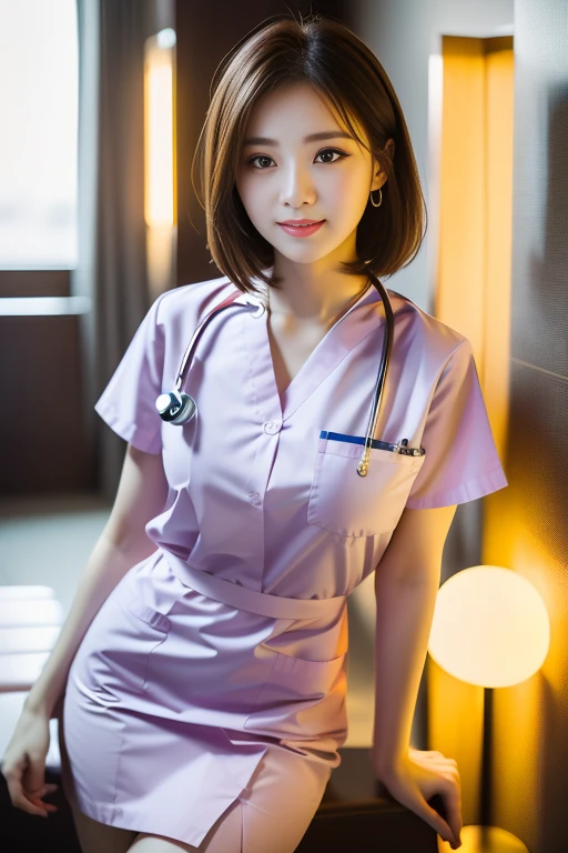 (Ulzzang-6500-v1.1, masterpiece, highest quality:1.3, ultra-detailed 8k:1.2, hyperrealistic:1.35, raw photo:1.2, highest quality, high resolution, wallpaper, realistic, dramatic, realistic painting art by midjourney:1.3, 1 nurse, 28yo, pink nurse uniform, short white tight skirt:1.3, resting in hospital lounge, super beautiful, beautiful skin, detailed face, symmatrical face, double eyelid, beautiful and detailed eyes, friendly kind smile, beautiful glossy lips, snaggle-tooth, very short bob hair, chest strengthening, ample bosom, emphasize body line, perfect style, cowboy_shot, bokeh background, yellow LED lighting, natural soft light)