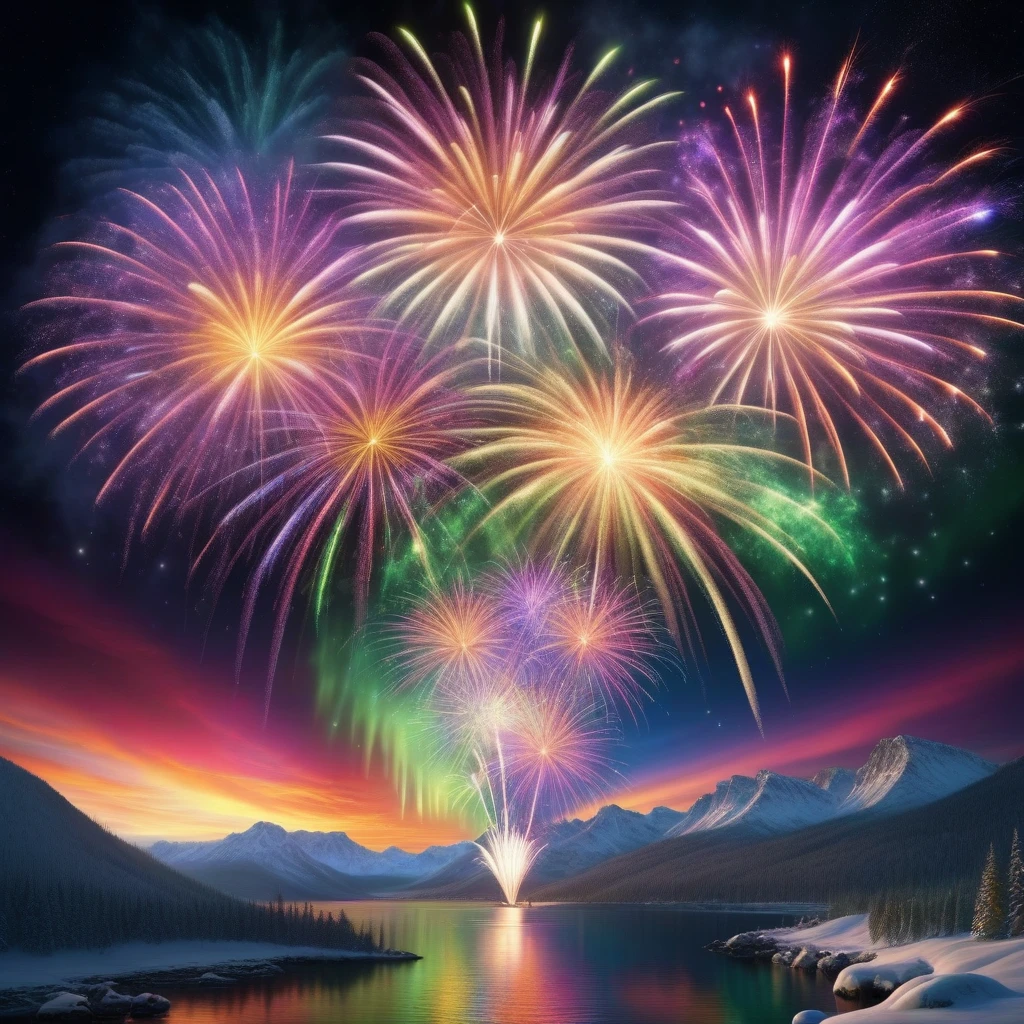 4K, 8K, hyper detailed, masterpiece, best quality, AuroraStyle,
The animated scene portrays an incredibly beautiful, enchanting New Year's fireworks display that captivates the eyes. The vivid and vibrant bursts of colors illuminate the night sky, mesmerizing viewers with their dazzling brilliance and captivating allure. Each explosion paints the canvas of the sky with a myriad of hues, creating an awe-inspiring spectacle that draws everyone's attention.