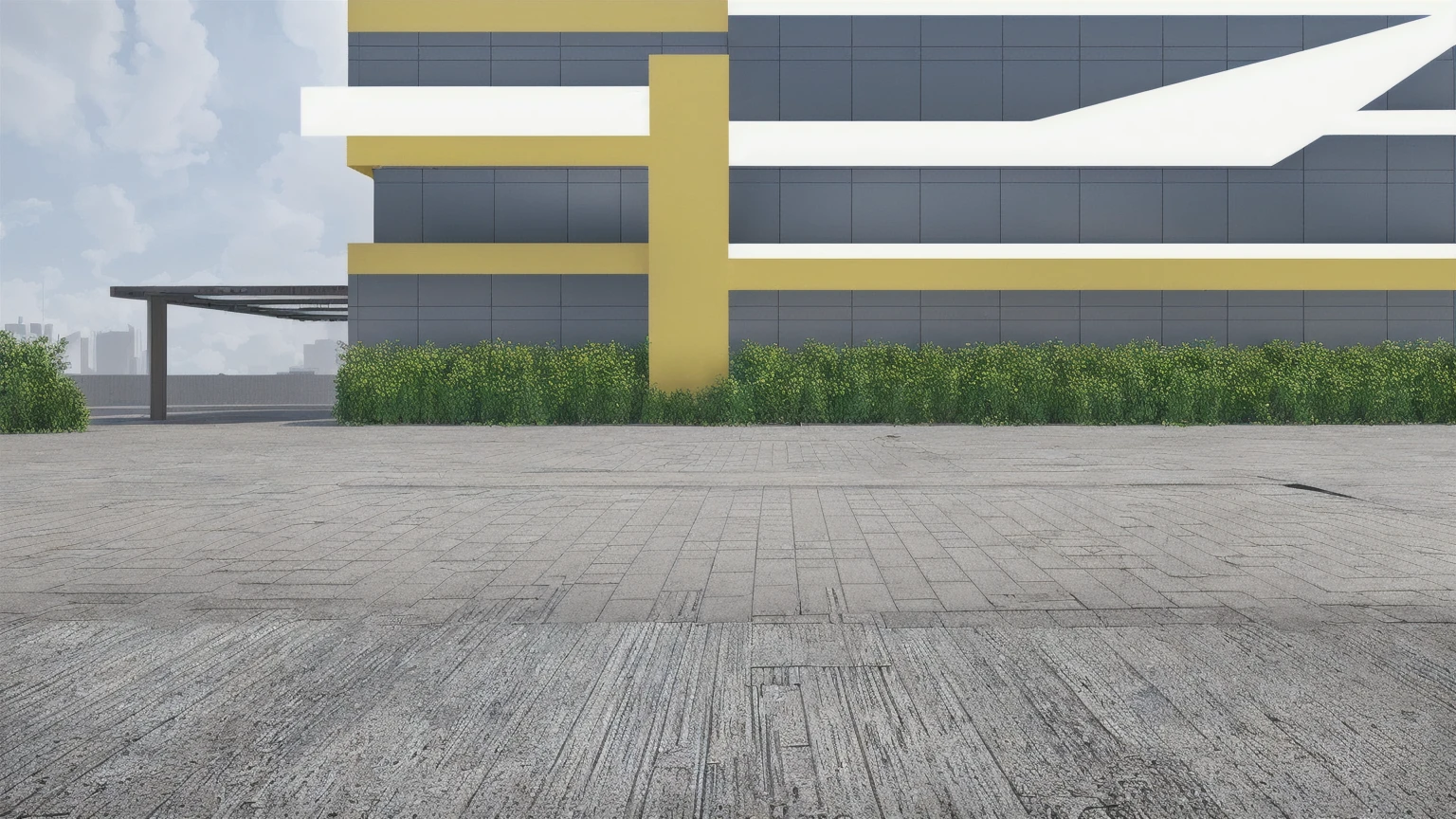 there is a yellow and white building with a yellow cross, city street view background, ground perspective, Hyperrealistic background, View at street level, ground perspective; detailed, in 3d rendering style, very realistic 3D rendering, building roof with plant, High detail 3D rendering, on the concrete floor, Wide angle perspective