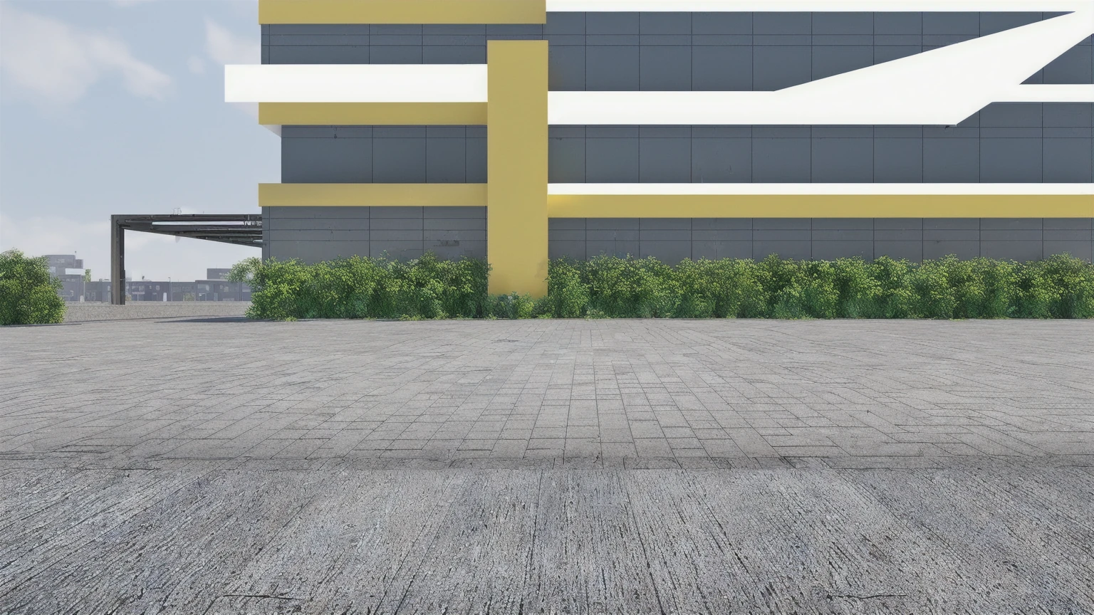 there is a yellow and white building with a yellow cross, city street view background, ground perspective, Hyperrealistic background, View at street level, ground perspective; detailed, in 3d rendering style, very realistic 3D rendering, building roof with plant, High detail 3D rendering, on the concrete floor, Wide angle perspective