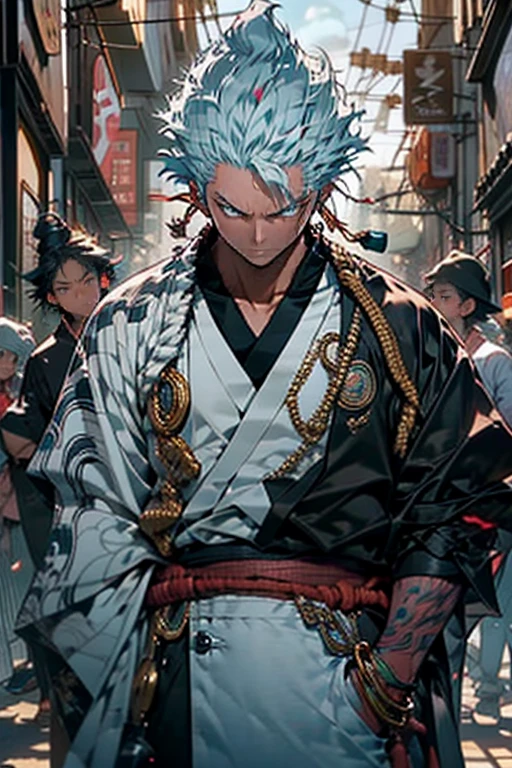 kurapika, HxH, Hunter x Hunter, standing alone, looking ahead at viewer, I smile, hair very long white hair, yellow eyes, red outlined, 1st grade, containment, jewelry, trunk, Missiles, male focus, earrings, Japanese clothing, White hair, kimono, segurando Missiles, from sideways, tatoo, em chamas, cicatriz, holding Elsword, katana, scar on the face, scar on eye, Detailed muscle physique, photorealistic representation, 4k resolution. Backstory: Martial arts dojo,Ultra HD 32K, best quality, master part, super verbose, High details, ((man strong)).