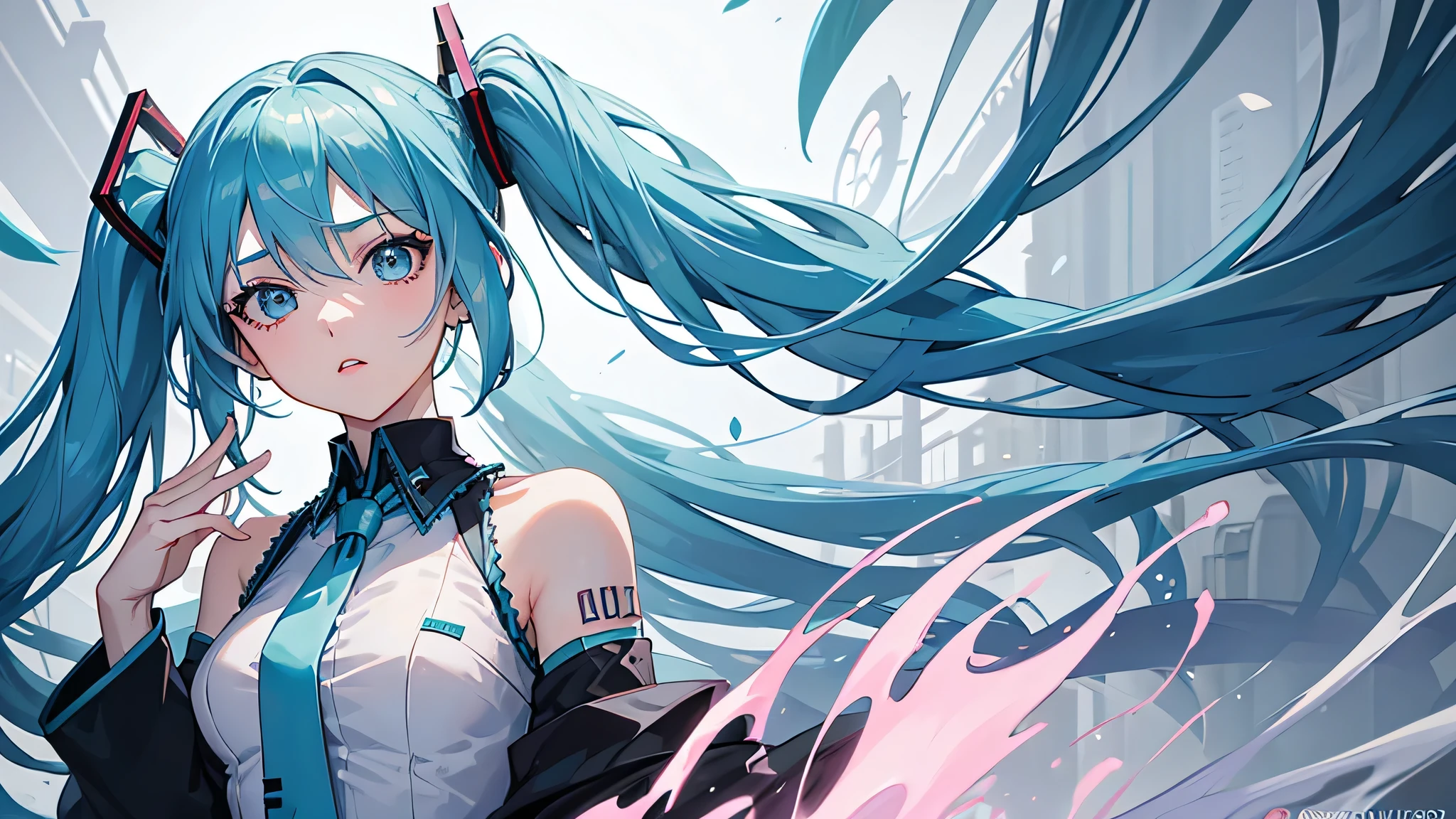 masterpiece, Awesome girl, Cold Face, Expressionless, Pale pink lips, Calm, Blue Hair,intellectual, Eye details,Hatsune Miku,Singing,clothes,cool,It's about to start moving,The background is amazing,Overview