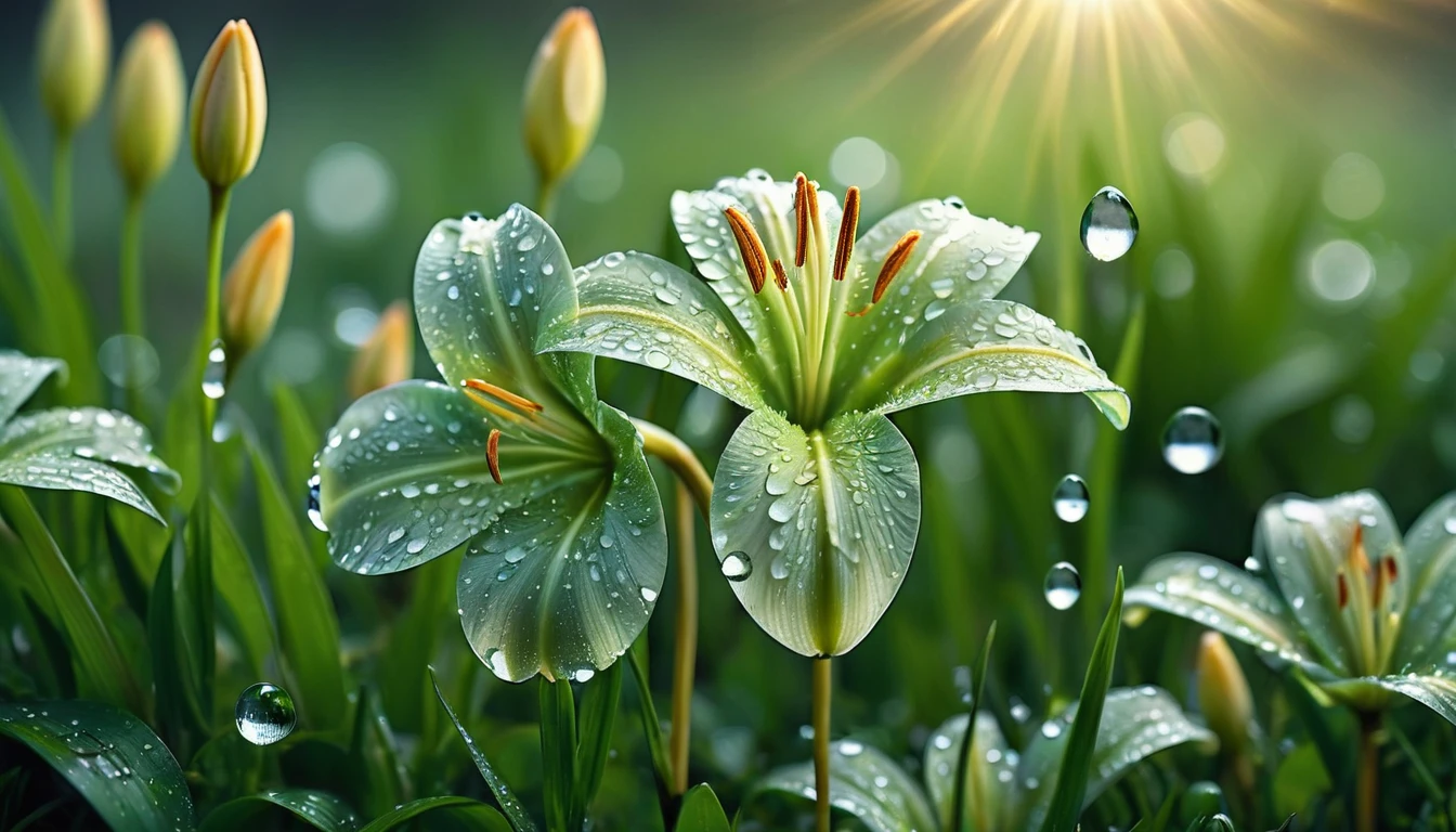 The spring sun shining brightly on the wet grass, The lilies droop slightly as if shedding March tears., Reflective petals amplify the glow, The grass blades, almost translucent with moisture, sway., Water droplets capture light and emit a dazzling spectrum, Surreal, Ultra-detailed, 32K resolution, Mossy stone peeking through the blade, The dew on the clover leaves acts as a prism, tendency. Best image quality, High resolution, Realistic, RAW Photos