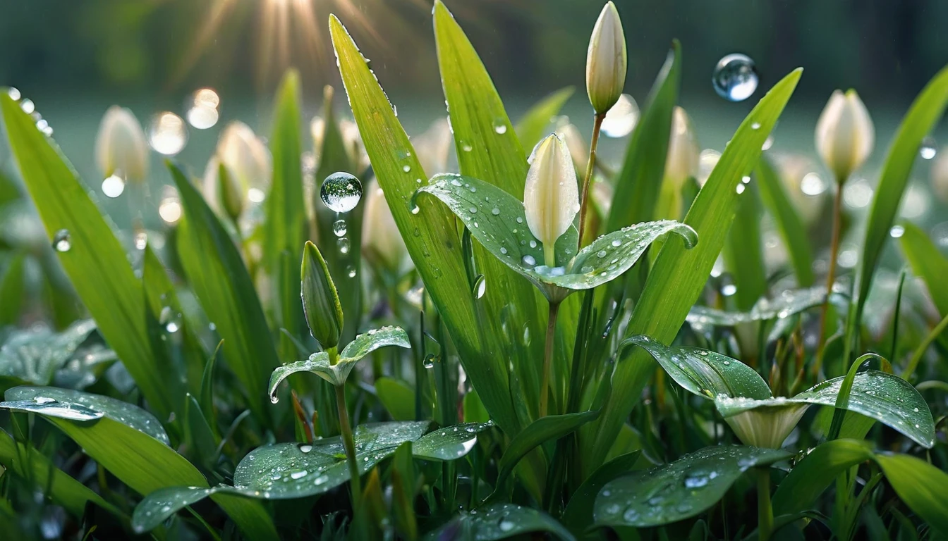 The spring sun shining brightly on the wet grass, The lilies droop slightly as if shedding March tears., Reflective petals amplify the glow, The grass blades, almost translucent with moisture, sway., Water droplets capture light and emit a dazzling spectrum, Surreal, Ultra-detailed, 32K resolution, Mossy stone peeking through the blade, The dew on the clover leaves acts as a prism, tendency. Best image quality, High resolution, Realistic, RAW Photos