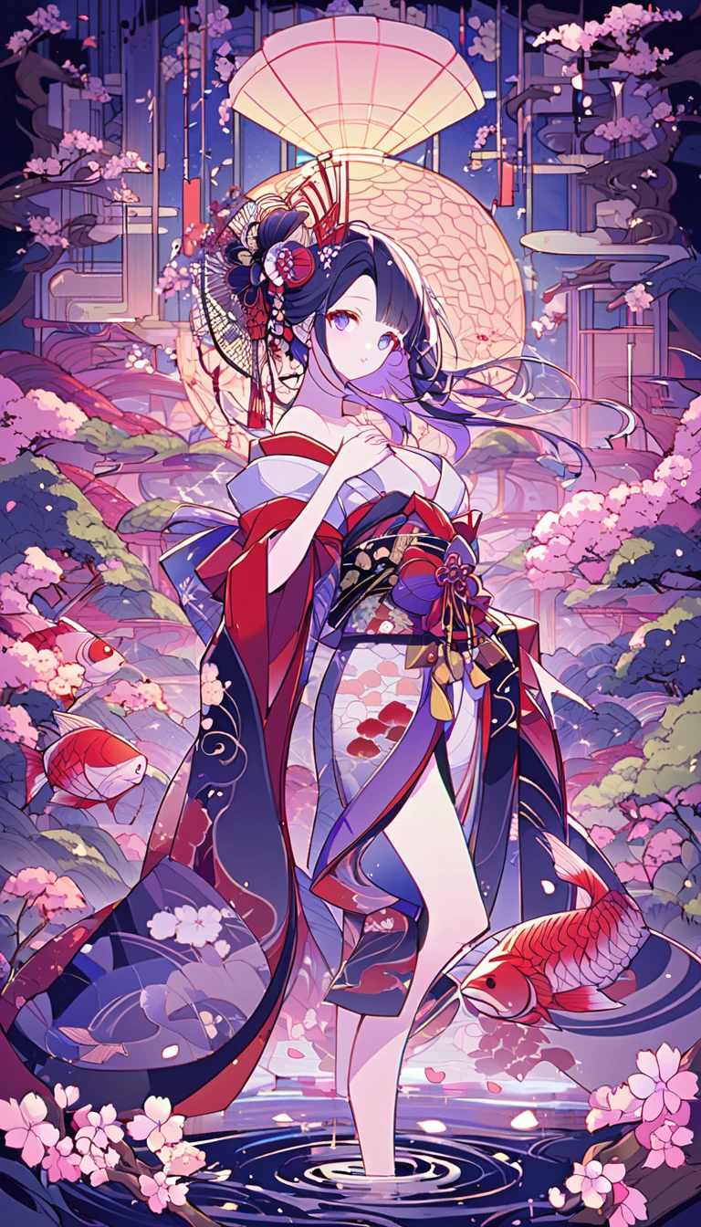 In a futuristic scene, Mechanically Enhanced Japanese Geisha、The elegance of elaborate gardens. She has beautiful delicate eyes and lips that complement her face. Geisha wear traditional kimonos with intricate patterns and designs.。. Around her are bright cherry blossoms and a quiet carp pond. The scenes are drawn using a combination of illustration and photorealism, Extremely detailed and sharp brushwork, Bright colors. Lighting that accentuates the elegance of geisha, Gives porcelain skin a soft glow. The artwork is of the highest quality, 4K or 8K resolution, Exquisite details of geisha costumes on display, cherry blossoms, Shining carp scales. The overall color scheme is、、Traditional Japanese color combinations, crimson, hang on., Black, Subtle gold accents, With a futuristic twist. Combining ancient traditions with modern technology、、Create captivating and visually striking masterpieces.Shoulders are exposed, 胸がappear、You can see the valley、appear、Exposed shoulders、Chest exposed、（Shoulders are exposed）, 胸がappear、You can see the valley、appear、Exposed shoulders、Chest exposed、(Off-the-shoulder style)、Random sexy poses