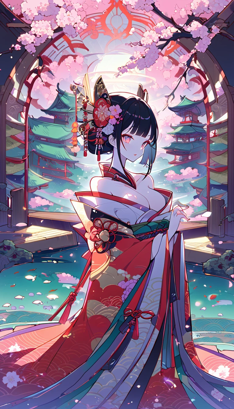 In a futuristic scene, Mechanically Enhanced Japanese Geisha、The elegance of elaborate gardens. She has beautiful delicate eyes and lips that complement her face. Geisha wear traditional kimonos with intricate patterns and designs.。. Around her are bright cherry blossoms and a quiet carp pond. The scenes are drawn using a combination of illustration and photorealism, Extremely detailed and sharp brushwork, Bright colors. Lighting that accentuates the elegance of geisha, Gives porcelain skin a soft glow. The artwork is of the highest quality, 4K or 8K resolution, Exquisite details of geisha costumes on display, cherry blossoms, Shining carp scales. The overall color scheme is、、Traditional Japanese color combinations, crimson, hang on., Black, Subtle gold accents, With a futuristic twist. Combining ancient traditions with modern technology、、Create captivating and visually striking masterpieces.Shoulders are exposed, 胸がappear、You can see the valley、appear、Exposed shoulders、Chest exposed、(Shoulders are exposed), 胸がappear、You can see the valley、appear、Exposed shoulders、Chest exposed、(Off-the-shoulder style)、Random sexy poses