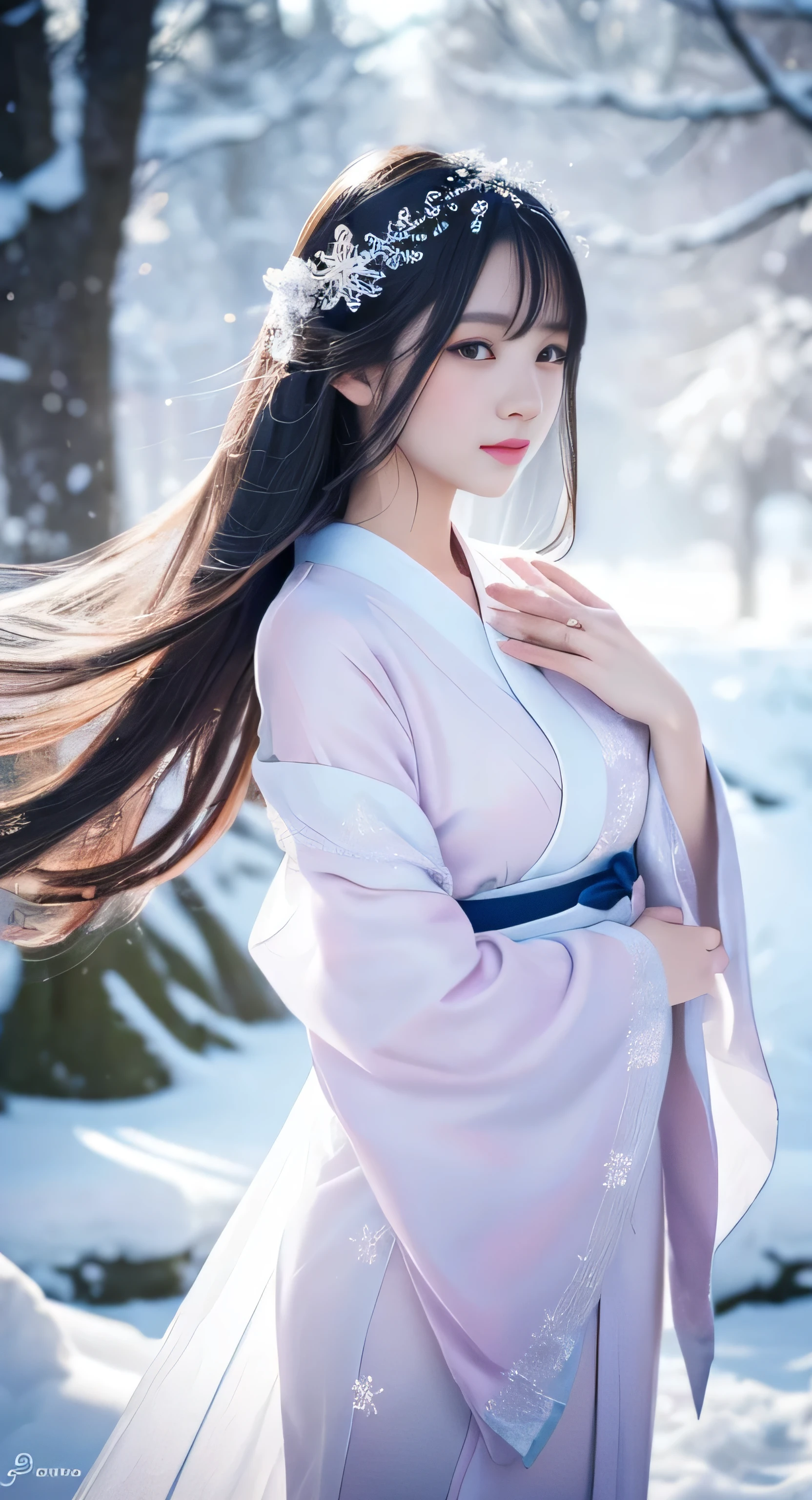 Create an ultra-cute and enchanting depiction of a Yuki-onna, a snow spirit from Japanese folklore, reimagined as a captivating moe character with exaggerated and adorable features that make her the central focus of the scene.

Yuki-onna's Moe Appearance:
Overall Appearance:

Height: Gracefully tall, around 170 cm, standing out with an ethereal presence.
Body Type: Slender and graceful, with an elegant and ethereal figure that exudes a delicate charm.
Facial Features:

Skin: Porcelain white, smooth, and glowing gently like freshly fallen snow, making her stand out in any setting.
Eyes: Exceptionally large and sparkling, filled with a captivating icy blue or gentle lavender hue. Her eyes are expressive and full of life, giving her an innocent and endearing look that draws attention.
Hair: Extraordinarily long, flowing black hair that reaches her waist, with a soft and glossy texture. The ends of her hair shimmer like snowflakes, adding to her enchanting appearance.
Lips: Soft pink with a gentle sheen, providing a touch of warmth that contrasts beautifully with her cold, icy appearance.
Clothing:

Kimono: A beautifully adorned, fluffy white kimono that fits her slender frame perfectly. The hem of the kimono is decorated with intricate snowflake patterns and moves gracefully with her, enhancing her presence.
Obi: A cute and elegant obi with an ice crystal design, slightly glowing with a magical blue light, adding to her mystical aura.
Hands and Fingers:

Hands: Slender and graceful, with delicate fingers that exude elegance. Her nails are short, well-kept, and have a light, natural sheen.
Nails: Slightly frosted, reflecting a soft light that adds to her ethereal charm.
Feet:

Feet: Small and dainty, perfectly matching her overall delicate appearance.
Footprints: Her footsteps leave a gentle sparkle in the snow, as if kissed by frost, making her path stand out.
Distinctive Elements:

Ice Aura: A gentle, shimmering aura of cold surrounds her, adding a touch of magic. Thi