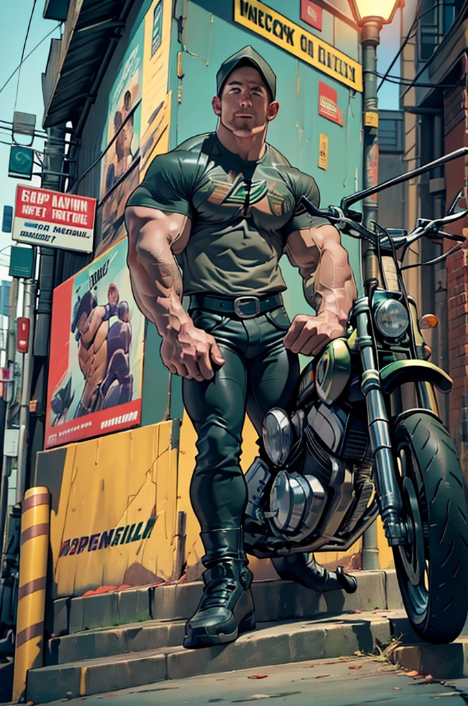 32k, high quality , detailed face , detailed hands , detailed muscles detailed motorcycle , (((Stephen AMELL))) standing near his (((motorcycle 1.2))), posing in a street ,standing with spread legs, showing his muscles, shirtless wearing a very very low dark green pants with brown belt,SHIRTLESS , background brick wall with men health posters