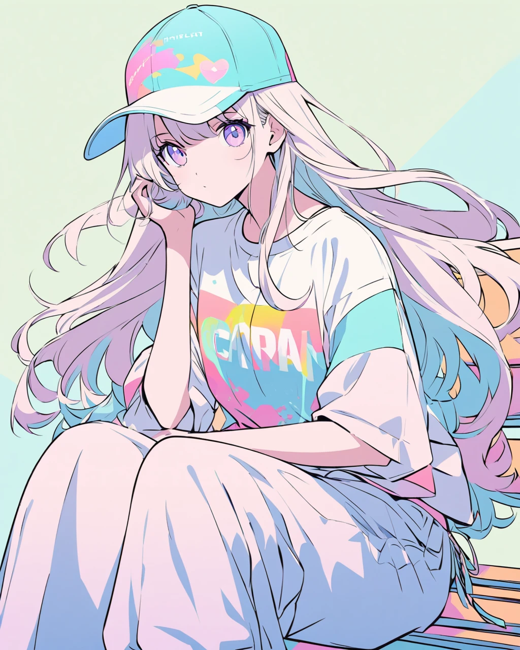 Create a detailed anime illustration of a girl with long, flowing hair and a casual streetwear outfit, including a baseball cap, baggy pants, and a graphic t-shirt. She is seated on a bench, with a serene expression. Use a two-tone pastel background to highlight plain colour the modern and minimalist setting