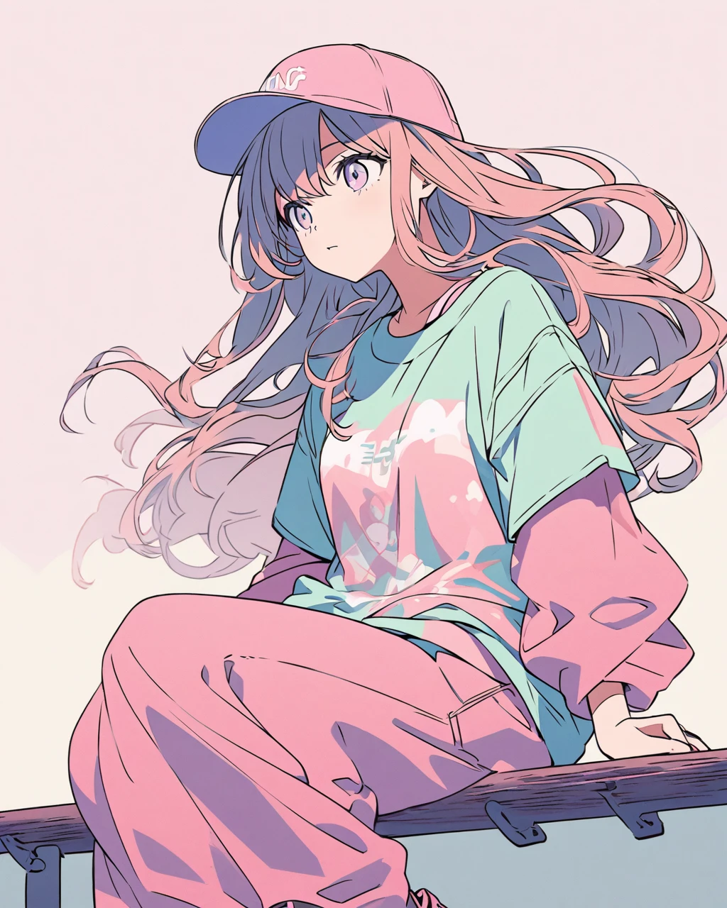 Create a detailed anime illustration of a girl with long, flowing hair and a casual streetwear outfit, including a baseball cap, baggy pants, and a graphic t-shirt. She is seated on a bench, with a serene expression. Use a two-tone pastel background to highlight plain colour the modern and minimalist setting