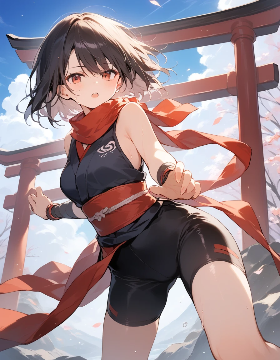 score_9, score_8_up, score_7_up, source_anime, best quality, masterpiece, official art, absurdres, highres, ultra-detailed,waifu2x,Collection: Slice of Life,break,1girl, ninja, short hair, breasts, beautiful detailed eyes, bike shorts, scarf, sweat, open mouth, expressionless, ninja stance, kunai, outdoors, torii, night, moon, wind,break,(clear line illustration:1.2), super detailed skin,very high resolution, very aesthetic, Best sexual lighting powered by famous artist, 8k,cute picture,beauty illustration,photoshop_(medium),,(Detailed Lighting),best anime 8k konachan wallpaper, pixiv contest winner,
