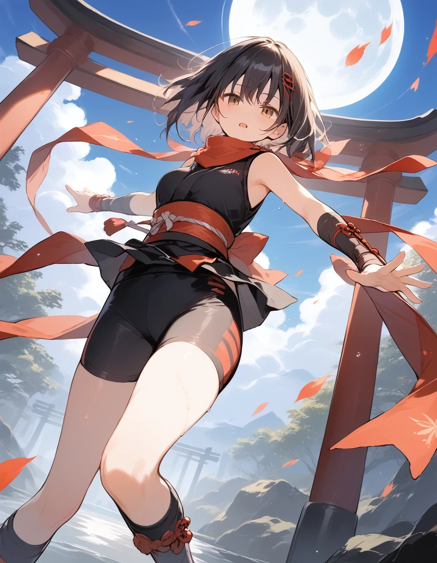 score_9, score_8_up, score_7_up, source_anime, best quality, masterpiece, official art, absurdres, highres, ultra-detailed,waifu2x,Collection: Slice of Life,break,1girl, ninja, short hair, breasts, beautiful detailed eyes, bike shorts, scarf, sweat, open mouth, expressionless, ninja stance, kunai, outdoors, torii, night, moon, wind,break,(clear line illustration:1.2), super detailed skin,very high resolution, very aesthetic, Best sexual lighting powered by famous artist, 8k,cute picture,beauty illustration,photoshop_(medium),,(Detailed Lighting),best anime 8k konachan wallpaper, pixiv contest winner,