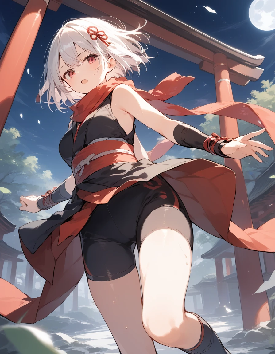 score_9, score_8_up, score_7_up, source_anime, best quality, masterpiece, official art, absurdres, highres, ultra-detailed,waifu2x,Collection: Slice of Life,break,1girl, ninja, noh mask, mask on head, short hair, breasts, beautiful detailed eyes, bike shorts, scarf, sweat, open mouth, expressionless, ninja stance, kunai, outdoors, torii, night, wind,break,(clear line illustration:1.2), super detailed skin,very high resolution, very aesthetic, Best sexual lighting powered by famous artist, 8k,cute picture,beauty illustration,photoshop_(medium),,(Detailed Lighting),best anime 8k konachan wallpaper, pixiv contest winner, 