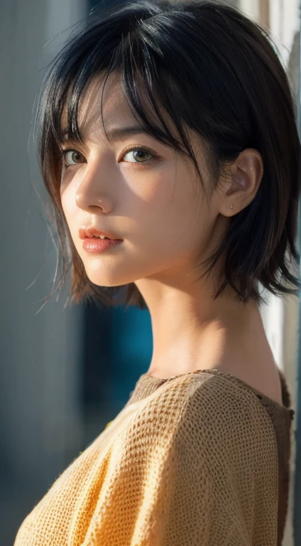 , Long winded [Blue-black:.3] hair,View your viewers, (masterpiece:1.3), (8k, Realistic, RAW Photos, Highest quality: 1.4), Japanese, (One girl), Beautiful Face, (Realistic Face), (black hair, short hair:1.3), beautiful hairstyle, Realistic eyes, Beautiful attention to detail, (Realistic Skin), Beautiful Skin, Charm, Ultra-high resolution, Ultra-realistic, Very detailed, Golden Ratio,