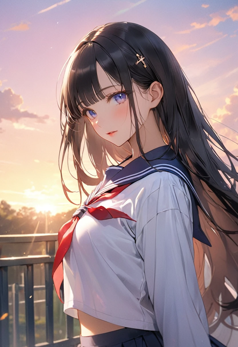 ((Highest quality))、((masterpiece))、(detailed)、((Anatomically correct))、(High resolution、８K)、One Woman、aldult、adult、look at me、cowboy shot、Angle from the front、(Ultra-glossy skin with attention to detail:1.1)、Glowing Skin、bangs、Long Hair、Straight Hair、Black Hair、Hair fluttering in the wind、(Beautiful Eyes:1.1)、Slender、(Cross your legs:1.1)、Sailor suit、The skirt is knee-length、(shirt lift)、tits、Slipping、Nipples、(skirt lift)、No underwear、Pussy、School、school gate、evening、(Beautiful sunset:1.1)、