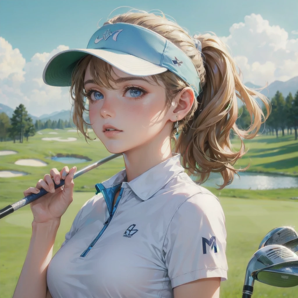  masterpiece, (textured skin), best quality, gorgeous beautiful girl, (a female golf athlete), detailed clothes,large breasts,narrow waist,, (beautiful face), cinematic lighting, (at golf venue ),