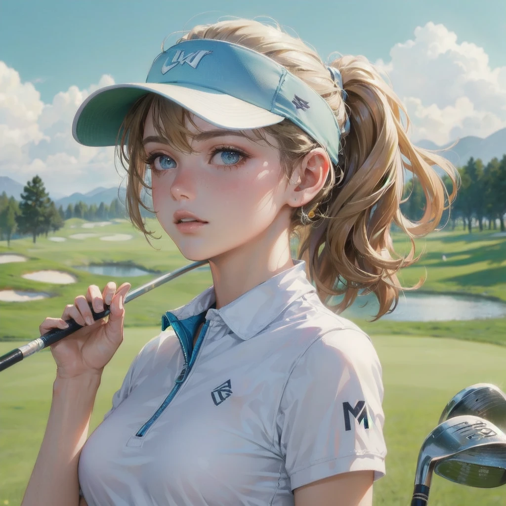  masterpiece, (textured skin), best quality, gorgeous beautiful girl, (a female golf athlete), detailed clothes,large breasts,narrow waist,, (beautiful face), cinematic lighting, (at golf venue ),