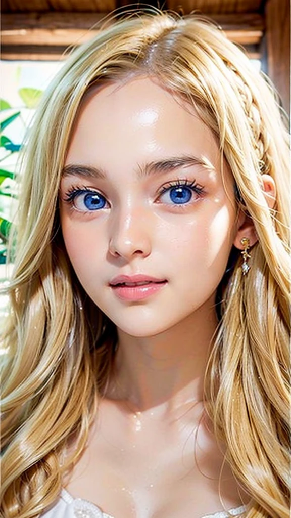 Beautiful, dazzling, super long, straight, silky blonde hair、Extremely white and bright skin、Bright expression、Beautiful blonde posing in a white top、long golden bangs between the eyes,、Bangs that hang down over the eyes and nose、Glossy fair skin、Glowing Cheeks、Reality Girls、、Beautiful girl with shining golden platinum blonde、Beautiful big bright blue eyes、Small Face Beauty、Round face、Tremendously cute face