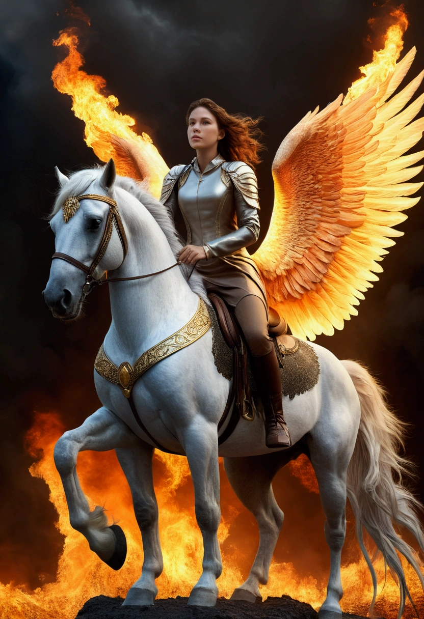 Ultra-realistic 8k CG, masterpiece, Best Quality, (photorealistic:1.4), absurdities, extremely detailed, woman standing on top of a pegasus horse,
by the real, natural, futuristic scene, dark setting, Pegasus, fascinated expression, fantasy world