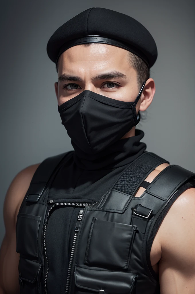 Police officer in black vest and balaclava