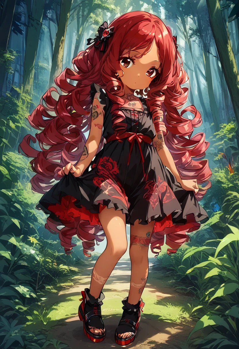 BREAK Perfect Anatomy、(High resolution:1.2)、Incredible illustrations、(Cute illustrations:1.2)、(nsfw) （Beautiful background(forest)) 1 girl(Red hair, long curly hair, red eyes,tattoos, ,tan skin:1.5)(young adult woman:2.0)Kyungsy Girl(Gothic Lolita Cheongsam)(Full body view)