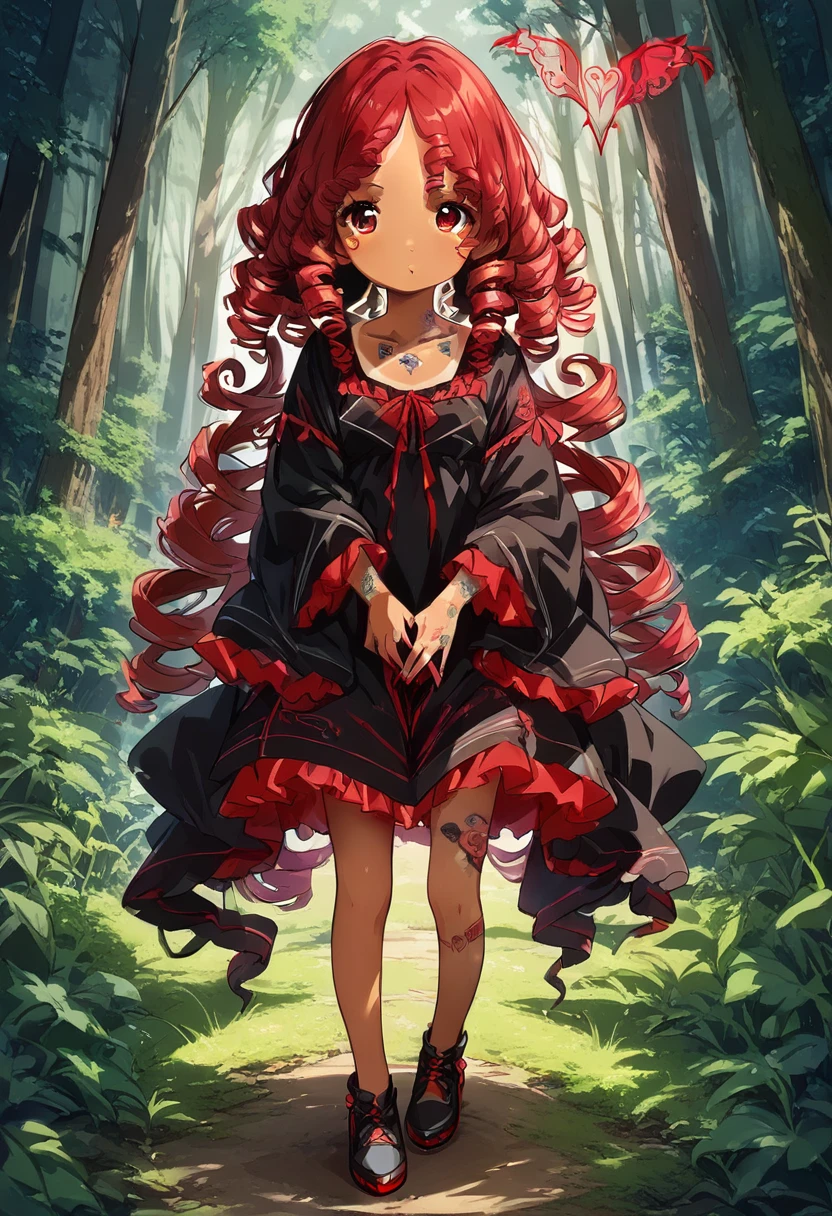 BREAK Perfect Anatomy、(High resolution:1.2)、Incredible illustrations、(Cute illustrations:1.2)、(nsfw) (Beautiful background(forest)) 1 girl(Red hair, long curly hair, red eyes,tattoos, ,tan skin:1.ung adult woman:2.0)Kyungsy Girl(Gothic Loliteongsam)(Full body view)