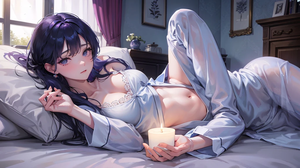 「In the quiet of the bedroom at night、A female character lies in bed、Reading a book。Outside the window, the full moon shines、The thin curtains are swaying softly。She is wearing relaxed pajamas、The room is lit in soft blue and purple tones.。A warm light is lit by the bedside、It creates a comfortable atmosphere。」