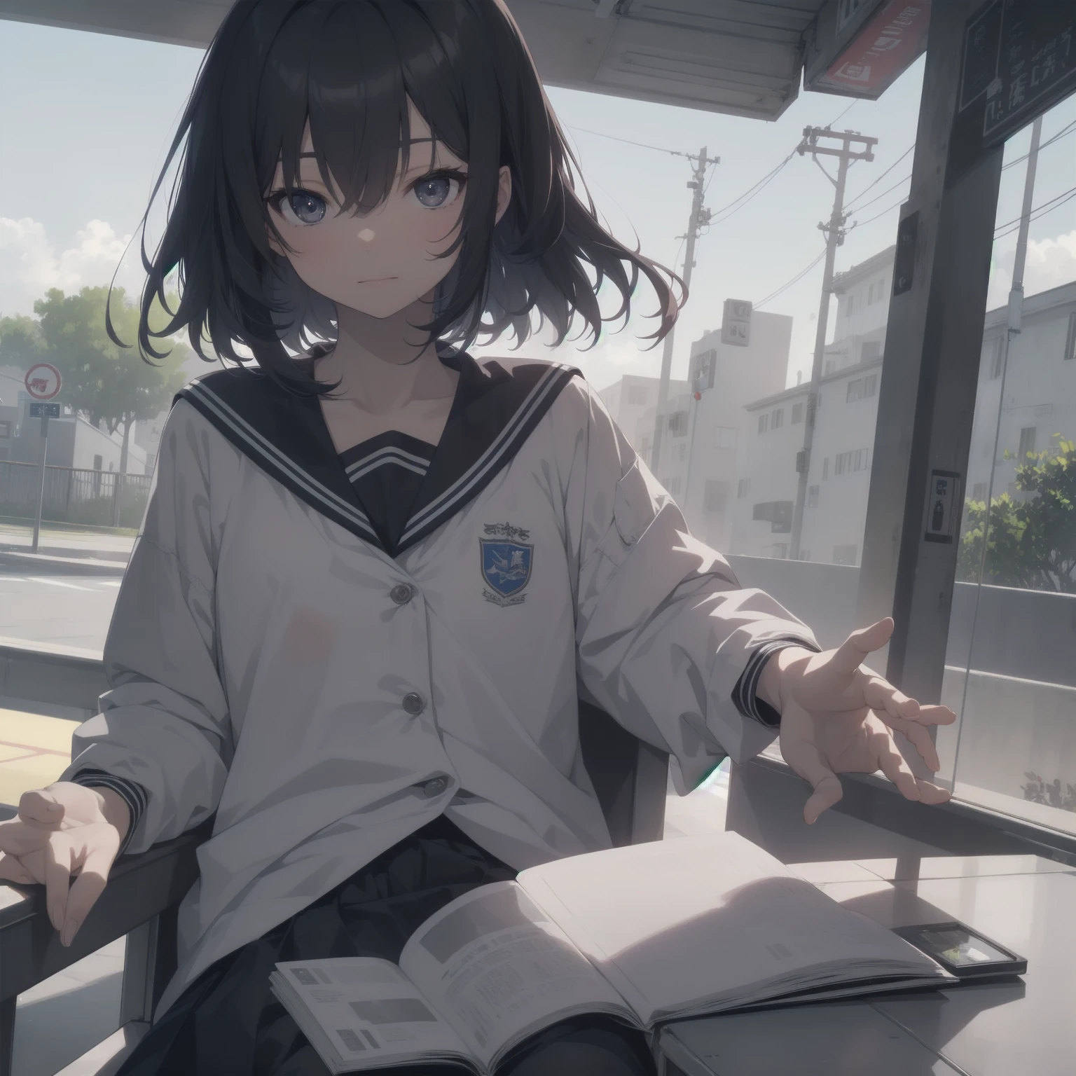 ultra-absurdres-Top quality by artist God, ultra-detailed, high resolution, anime moe artstyle, best anime 8k konachan wallpaper, pixiv contest winner, pool:2810, perfect anatomy,break, 1girl, (Please draw a girl walking sleepily to school alone. )break,(Solo,little female, 13-year-old:1.3),Full limbs, complete fingers,a junior high school student, (very short hair), short cut, flat chest, , small butt, small black eyes, beautiful detailed eyes, well-proportioned iris and pupils, expressive eyes, highres detailed hair, soft expression, salor school_uniform, sailor collar, serahuku, bow, pleated skirt,(Detailed Lighting), (Detailed background), in the School commute route. break,super detailed skin, Best cinematic lighting powered by famous artist, 8k,beauty illustration,photoshop_(medium),very aesthetic,break,((artist:yuuhagi_(amaretto-no-natsu) )), artist:clamp ,artist:carnelian ,artist:kantoku ,