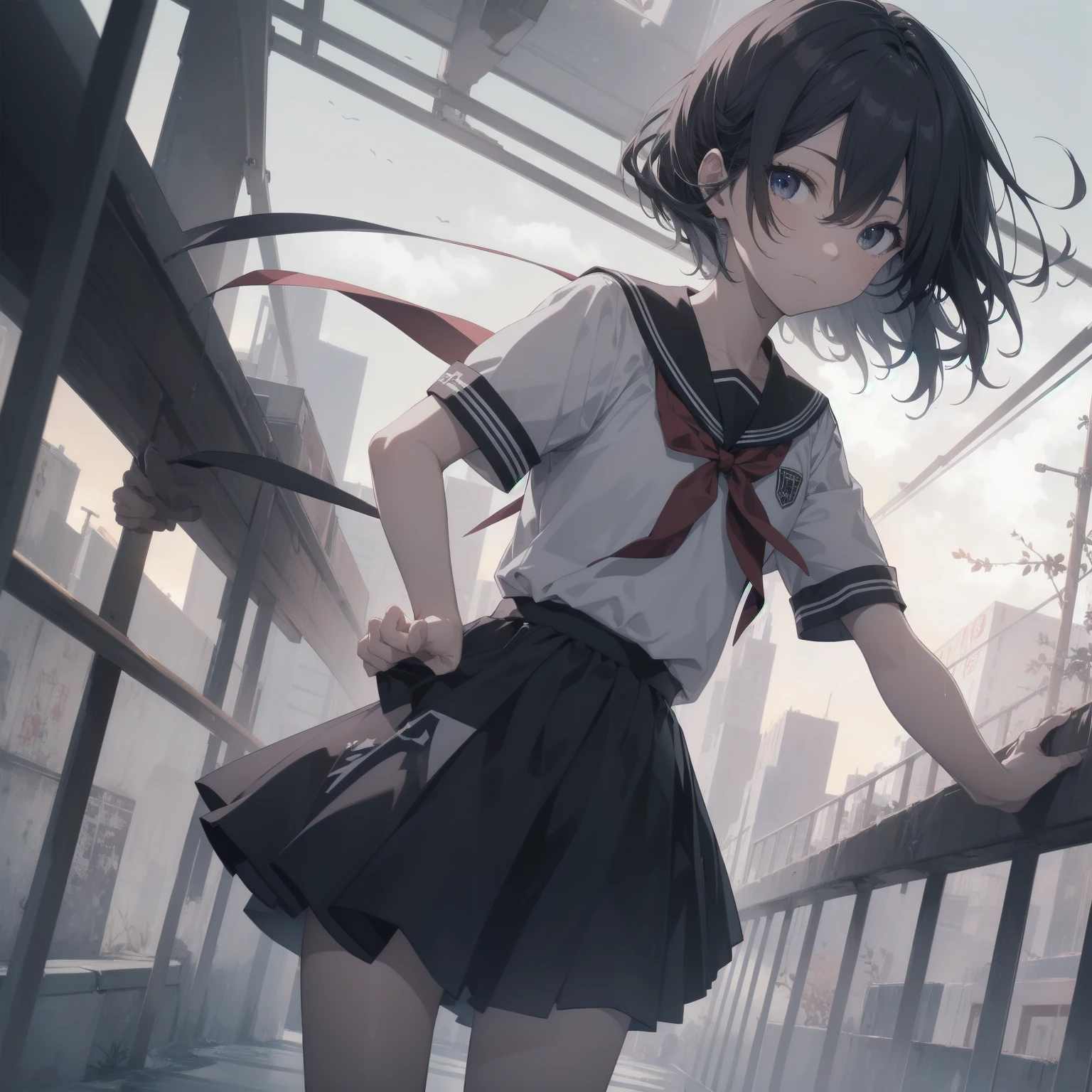 ultra-absurdres-Top quality by artist God, ultra-detailed, high resolution, anime moe artstyle, best anime 8k konachan wallpaper, pixiv contest winner, pool:2810, perfect anatomy,break, 1girl, (Please draw a girl walking sleepily to school alone. )break,(Solo,little female, 13-year-old:1.3),Full limbs, complete fingers,a junior high school student, (very short hair), short cut, flat chest, , small butt, small black eyes, beautiful detailed eyes, well-proportioned iris and pupils, expressive eyes, highres detailed hair, soft expression, salor school_uniform, sailor collar, serahuku, bow, pleated skirt,(Detailed Lighting), (Detailed background), in the School commute route. break,super detailed skin, Best cinematic lighting powered by famous artist, 8k,beauty illustration,photoshop_(medium),very aesthetic,break,((artist:yuuhagi_(amaretto-no-natsu) )), artist:clamp ,artist:carnelian ,artist:kantoku ,