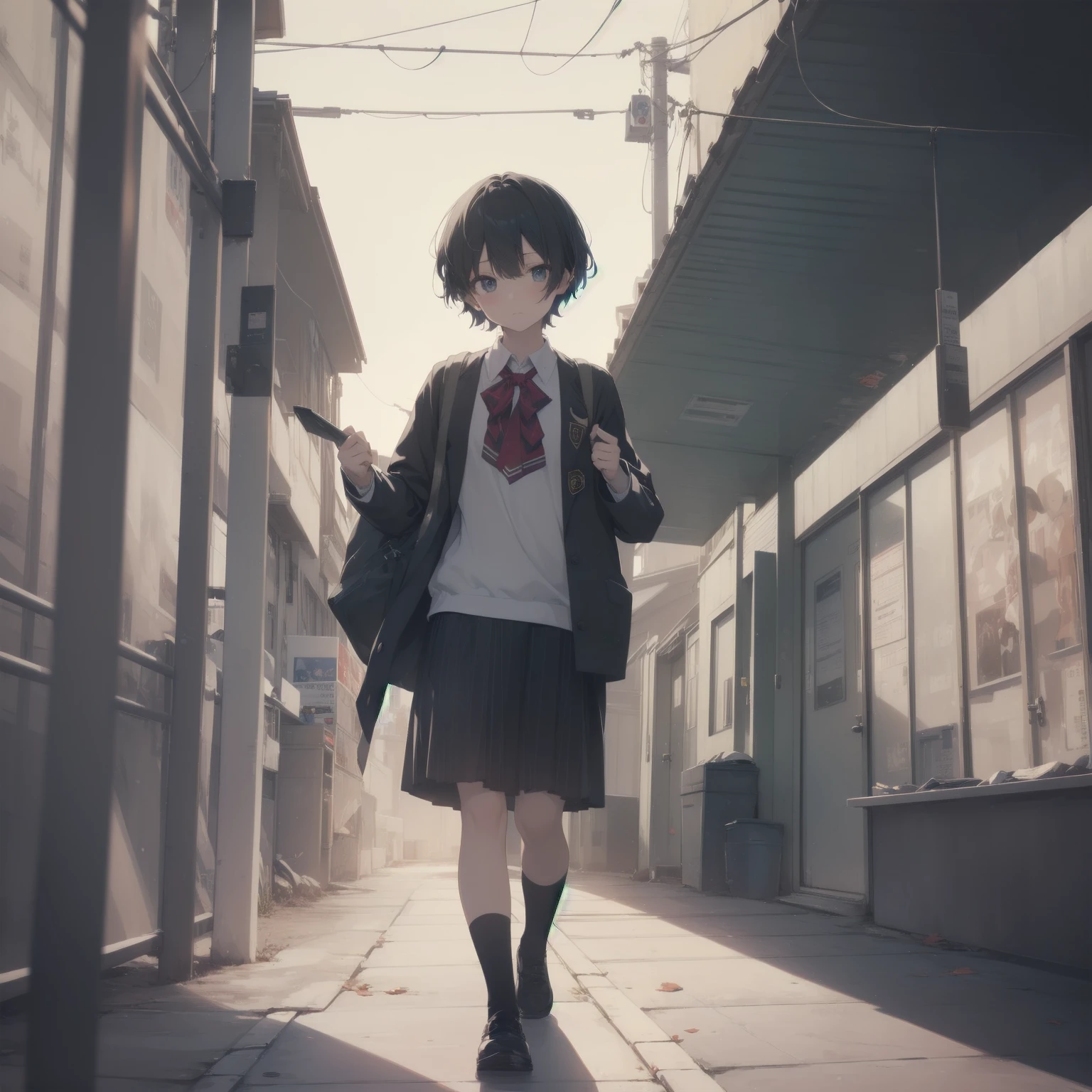 ultra-absurdres-Top quality by artist God, ultra-detailed, high resolution, anime moe artstyle, best anime 8k konachan wallpaper, pixiv contest winner, pool:2810, perfect anatomy,break, 1girl, (Please draw a girl walking sleepily to school alone. )break,(Solo,little female, 13-year-old:1.3),Full limbs, complete fingers,a junior high school student, (very short hair), short cut, flat chest, , small butt, small black eyes, beautiful detailed eyes, well-proportioned iris and pupils, expressive eyes, highres detailed hair, soft expression, salor school_uniform, sailor collar, serahuku, bow, pleated skirt,(Detailed Lighting), (Detailed background), in the School commute route. break,super detailed skin, Best cinematic lighting powered by famous artist, 8k,beauty illustration,photoshop_(medium),very aesthetic,break,((artist:yuuhagi_(amaretto-no-natsu) )), artist:clamp ,artist:carnelian ,artist:kantoku ,
