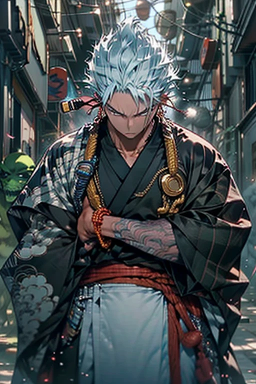 kurapika, HxH, Hunter x Hunter, standing alone, looking ahead at viewer, I smile, hair very long white hair, yellow eyes, red outlined, 1st grade, containment, jewelry, trunk, Missiles, male focus, earrings, Japanese clothing, White hair, kimono, segurando Missiles, from sideways, tatoo, em chamas, cicatriz, holding Elsword, katana, scar on the face, scar on eye, Detailed muscle physique, photorealistic representation, 4k resolution. Backstory: Martial arts dojo,Ultra HD 32K, best quality, master part, super verbose, High details, ((man strong)).