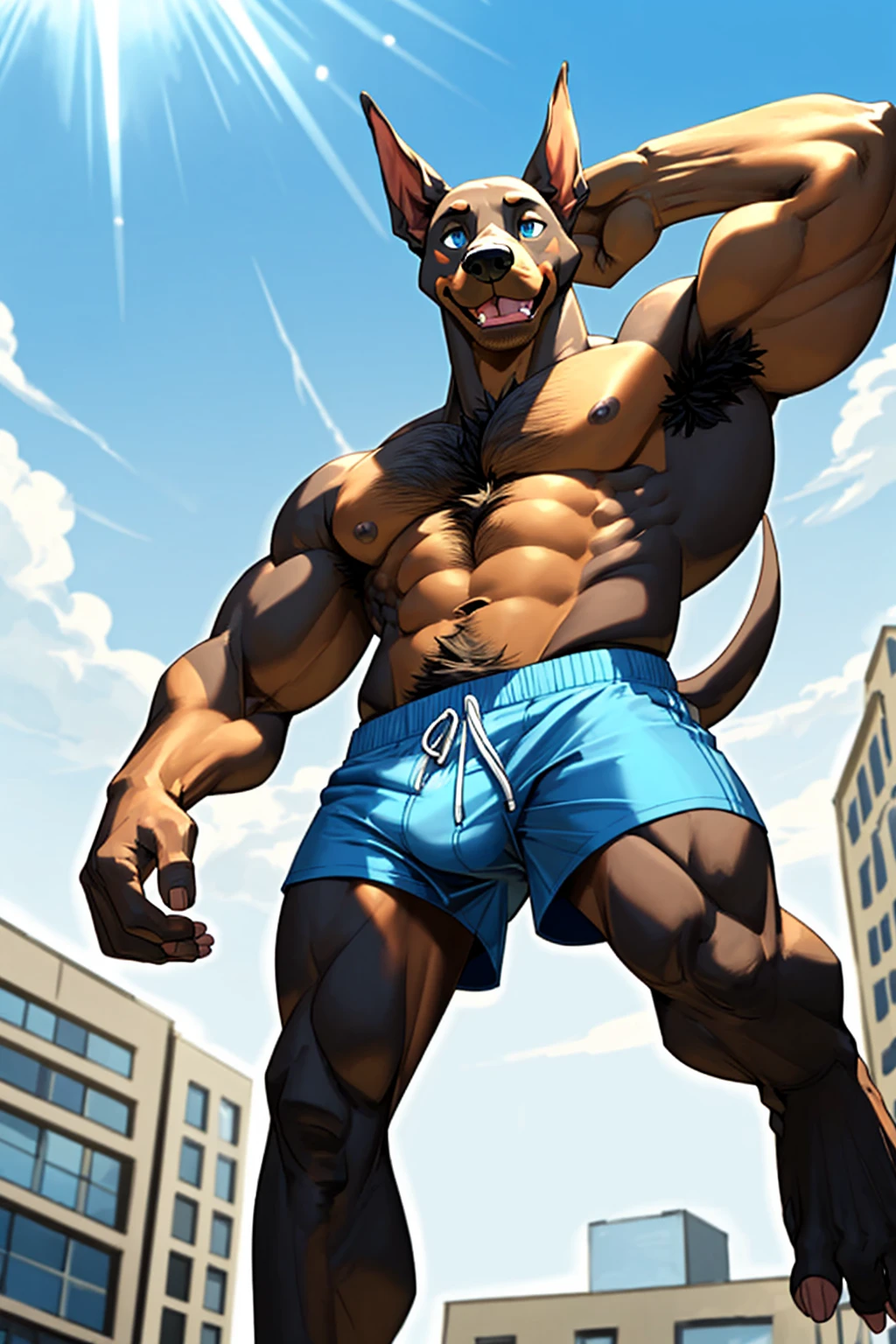 Male Doberman、Abnormally large amounts of golden chest hair、Abnormally large amounts of golden armpit hair、Abnormally large amount of golden belly hair、Abnormally large amount of golden pubic hair、Doberman Colors、Naked Doberman、Doberman pattern、Very thin body、Slender body、Beautiful Abs、Developed muscles、Shaggy body hair、Hand raised pose、、blue eyes、Sharp toenails, Composition looking up from directly below、、City background、Mystical effects、White Breath、Abnormally short trunks、Dull light blue trunks、