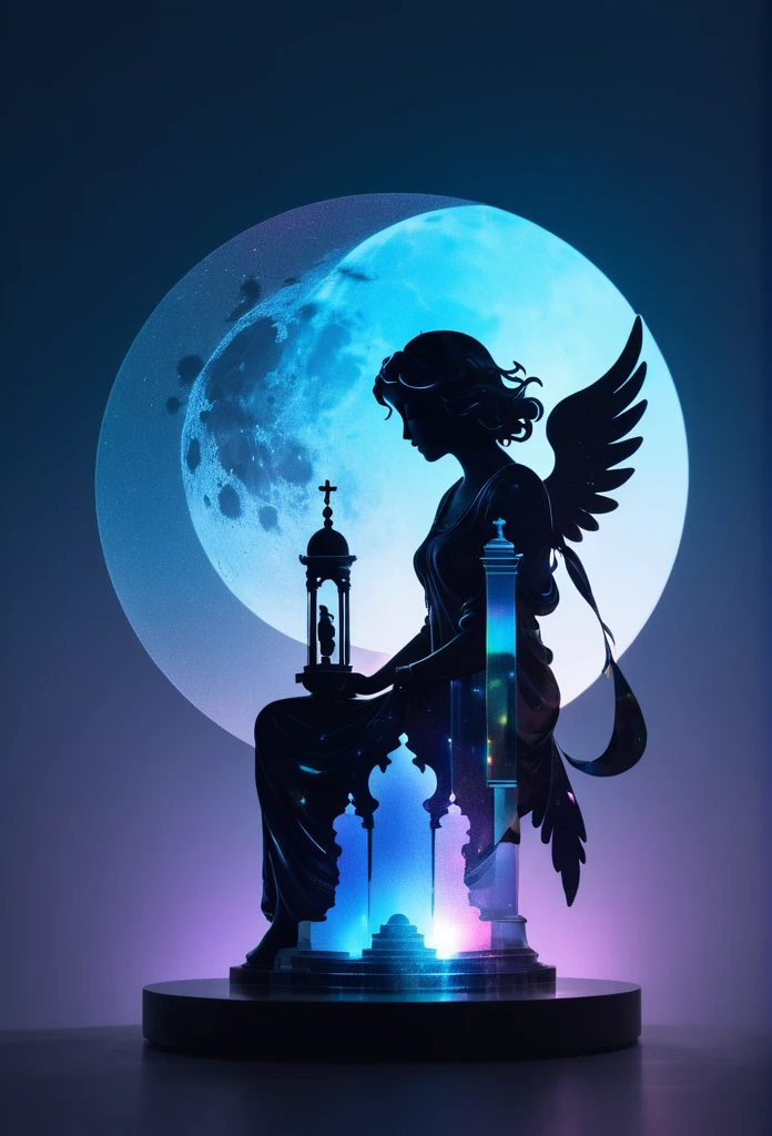 mate piece, angel , logo, monotony, moon, depth of field, (holographic glow effect:1.3), double exposure, paradise , silhouette, masterpiece,