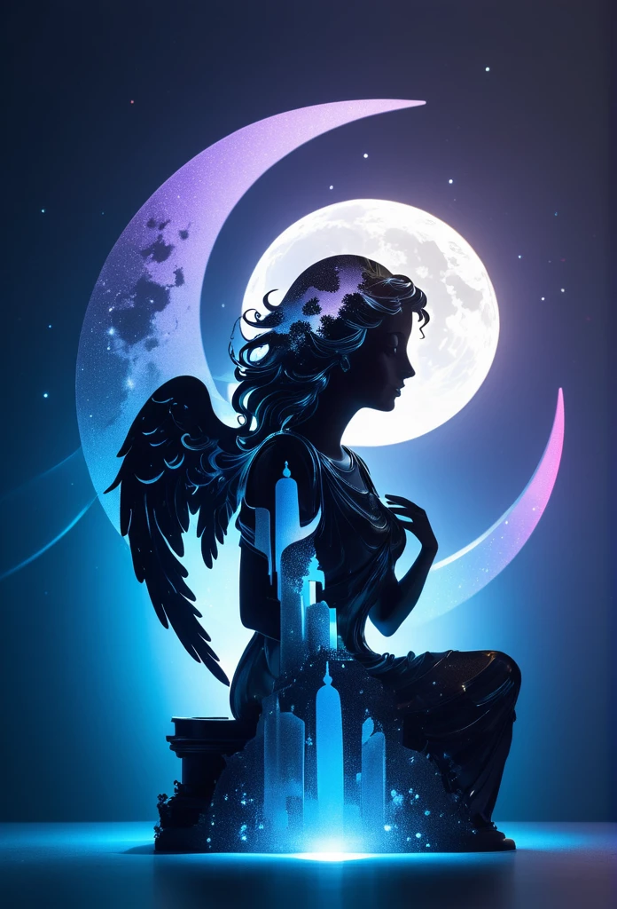 mate piece, angel , logo, monotony, moon, depth of field, (holographic glow effect:1.3), double exposure, paradise , silhouette, masterpiece,